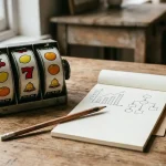 Bębny automatów obok kartki z wykresem i kostek do gry