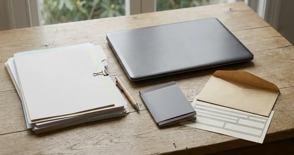 Dokument tożsamości, koperta i laptop obok formularza przelewu